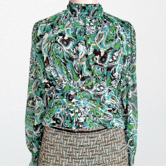 Zara Paisley Print High Neck Ruched Blouse Green + Multi SZ L - Picture 2 of 12
